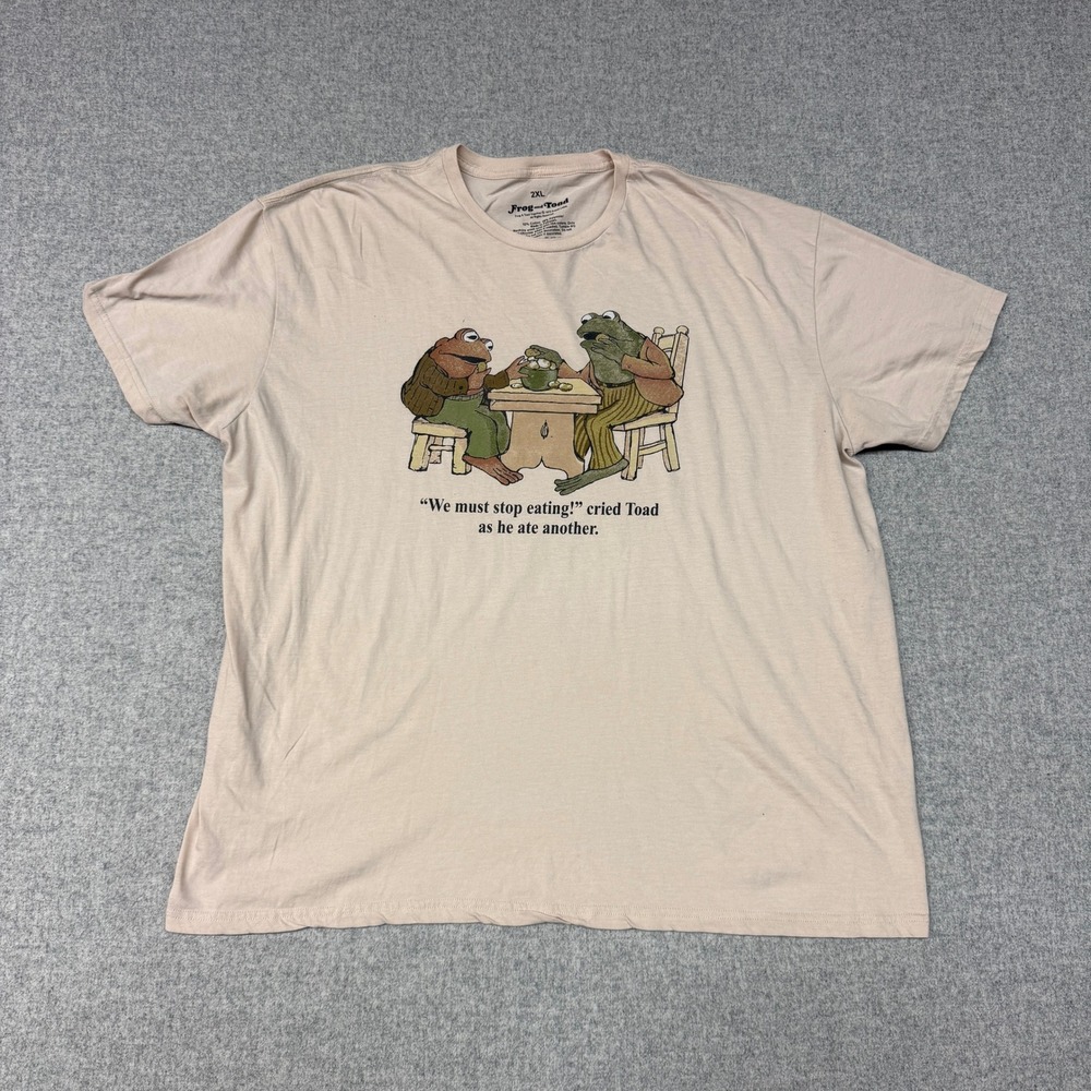 Frog and Toad Graphic T-Shirt 2XL Tan We Must Stop Eating Quote Short Sleeve Tee